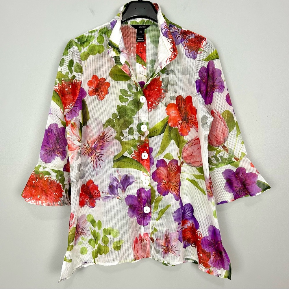 Ali Miles Floral Mesh Blouse Women’s Size XL Button Front Bell Sleeves Colorful